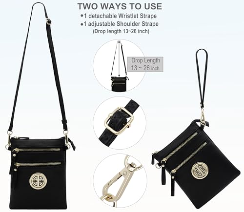 Small Multi Zipper Pockets Crossbody Bag with Detachable Wristlet - color: Black