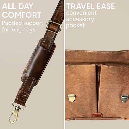 Leather Messenger Bag for Men, 14 Inch Canvas Laptop Bag, Vintage Satchel - color: Olive Green