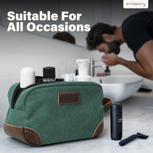 emissary Men's Toiletry Bag, Leather and Canvas Travel Toiletry Bag, Dopp Kit for Men, Travel Bathroom Bag Men's Shaving Kit, Travel Kit Small Bags for Men, Shaving Bag for Travel Accessories (Green) | Durable canvas & PU leather, water-resistant lining,