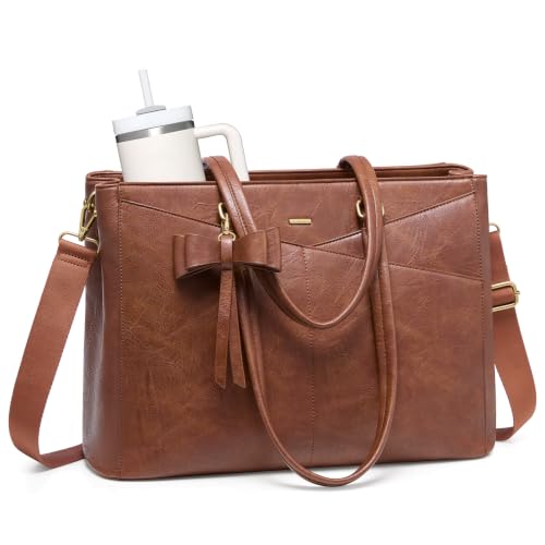 LOVEVOOK Laptop Tote Bag for Women,Leather Work Computer Briefcase Bag - color: Retro Brown-2, size: 15.6 inch