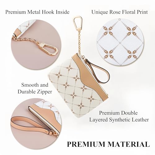 Printed Coin Purse with Key Chain & Finger Loop for Women (White) | Water-resistant faux leather change purse, sturdy zipper & metal hook holds coins, cards & keys for daily use, travel & gift - color: White