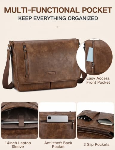 VX VONXURY Messenger Bag for Men, PU Leather Laptop Briefcase Bag for Work | Shoulder Bag for Office, Fits 14" Laptop, Vintage Satchel Bag with Padded Shoulder Strap, Padded Laptop Sleeve, Waterproof - color: 14 Inch Brown