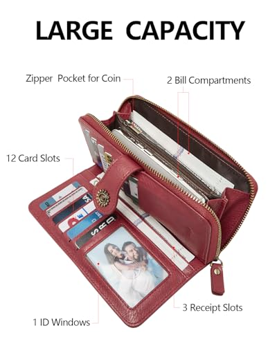 TFKGS Wallet for Women RFID Blocking Leather Large Capacity Card Holder Ladies Phone Clutch Travel Long Purse Wristlet | RFID Blocking - color: 1-Red
