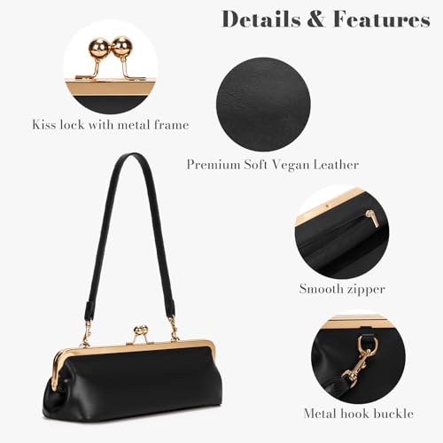 Women's Kiss Lock Shoulder Bag, Classic Small PU Purse with Gold Tone Frame, Underarm Bag for Party, Date, Evening - color: Black