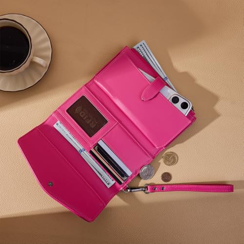 Montana West X Wrangler Womens Wallet Large Capacity Long Compact | Womens Wallet Card Cases & Money Organizers for Ladies Female Zipper Wallet Wristlet with Coin Purse and Wrist Strap - color: Trifold-Hot Pink