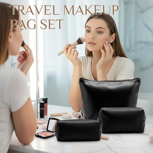 Kigeli 3 Piece Leather Makeup Bag Set Graduation Women Gifts PU Leather Makeup Toiletry Bag Bridesmaid Cosmetic Pouch Small Aesthetic Travel Purse for Wedding Birthday Women Gifts(Black) - color: Black