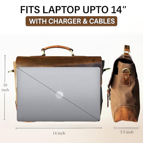 Leather Messenger Bag for Men, 14 Inch Canvas Laptop Bag, Vintage Satchel - color: Olive Green