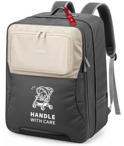 YOREPEK Expandable Padded Stroller Travel Bag for Airplane with Pocket | Fits Compact Fold Strollers, for Nuna Trvl, UPPAbaby Minu, Graco Ready2Jet, Backpack Style with Tracker Pocket for AirTag - color: Grey