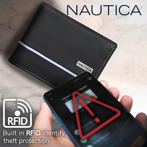 Nautica Men's Bifold Leather Wallet | RFID Blocking | ID Window | Card Slots | Organization | Durable | Stylish - color: Logo Ribbon - Black