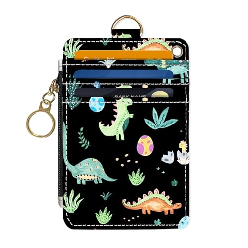 Slim Wallet Credit Card Holder, Dinosaurs, RFID Wallet Women Cute Small Front Pocket Wallet With Zipper, PU Leather Thin travel RFID Blocking Card Case ID Window ,Ladies Gifts - color: Dinosaurs