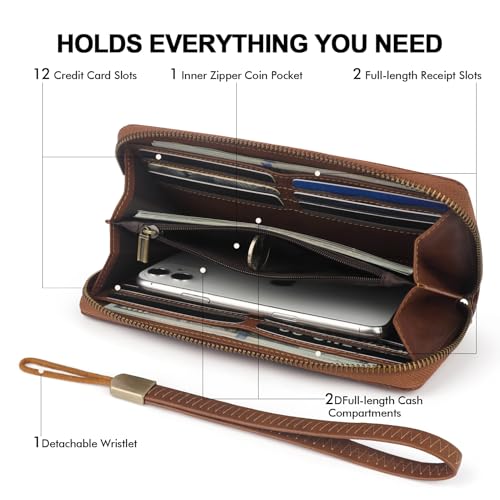 Leather Long Wallet Women With Wristlet,RFID Blocking Embossedbrown - color: a6-embossed brown