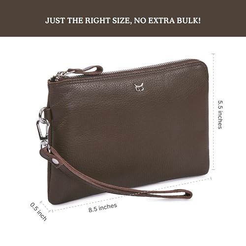Leather Wristlet Wallet for Women Clutch Handbag Purse with Cell Phone Slot | Genuine Top Grain Leather, 8 Credit Card Slots, Detachable Strap, YKK Zipper, Gifts for Women - color: Brown Nappa
