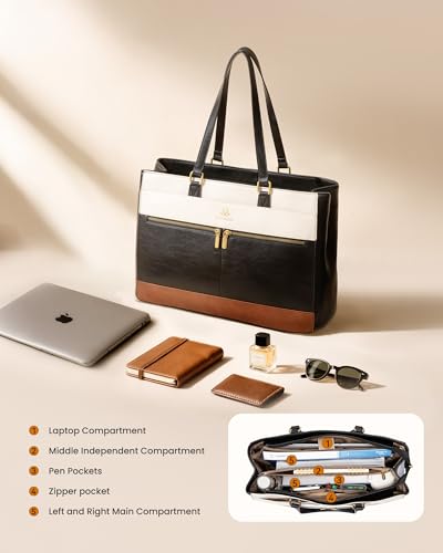 LOVEVOOK Laptop Bag for Women,15.6 Inch Vintage Work Tote Bags for Women,Leather Teacher Bag,Large Handbag Computer Briefcase - color: Black/White/Brown