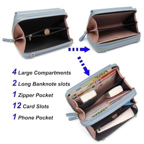 Women Leather Wallet Crossbody Shoulder Bag with Double Zipper and Mobile Phone Purse with Shoulder Strap - color: 109-blue
