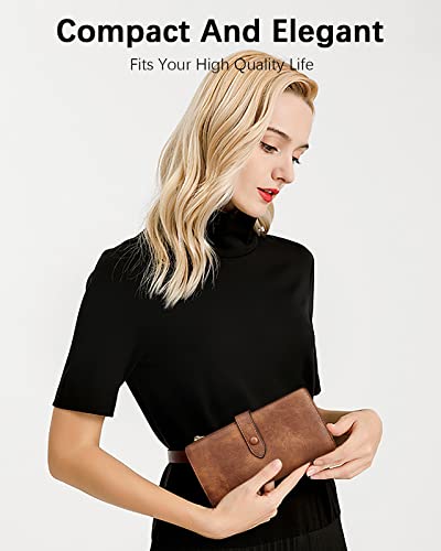 BOSTANTEN Womens Leather Wallet RFID Large Capacity Credit Card Holder | 4 ID Windows, 16 Card Slots, Zipper Coin Pocket, Clutch Wallet, Long Bifold, Ladies Gifts, Grey Brown - color: B-Vegan Brown