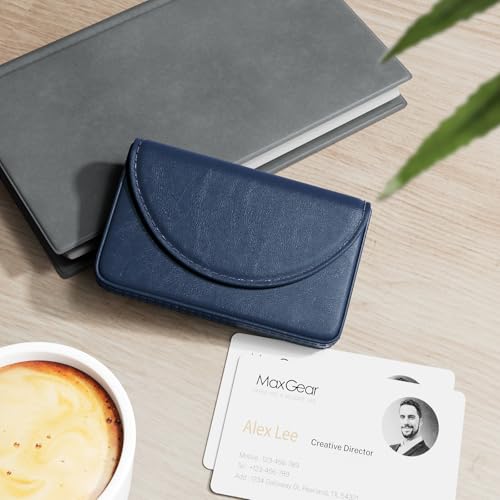 MaxGear Business Card Holder Case, PU Leather Business Card Case, Navy Blue | Pocket Name Card Holder Wallet for Purse, Portable Business Card Carrier with Magnetic Closure, Slim Stylish Men Women Gift - color: Navy