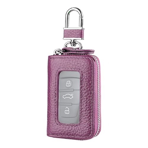 Car Key Fob Case, Remote Keys Storage Bag with Metal Hook & Transparent Window, Waterproof Leather Auto Key Fob Holder Keychain Zipper Bag for Women Men, Car Accessories (Purple) - color: Purple