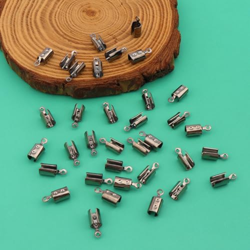 200pcs Fold Over Cord Ends Crimp End Tips Stainless Steel Cord Crimp End Tips Leather Ribbon Ending Clasp Tips Jewelry Connector for Bracelets Leather Jewelry Making(Gun Black) - color: gun black