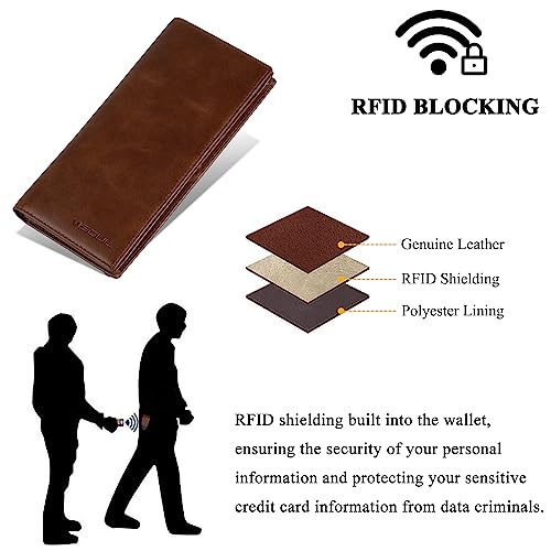 VISOUL Leather Checkbook Cover Wallet for Men with RFID Blocking, Mens Long Bifold Cash Tall Wallet with 11 Credit Card Slots 1 ID Window (Brown) - color: Brown