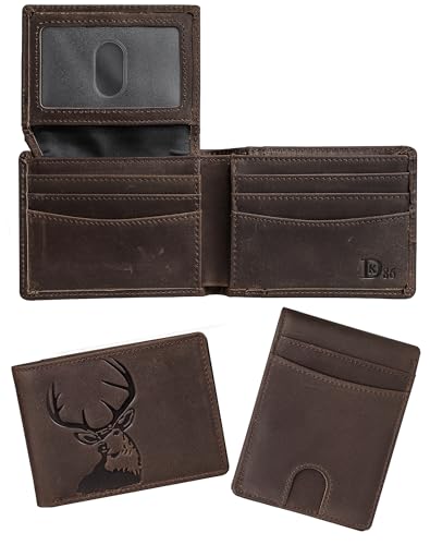 DK86 Wallet for Men Slim Rfid Bifold Genuine Leather 2 ID Window With Gift Box (vintage coffee with deer) - color: vintage coffee with deer