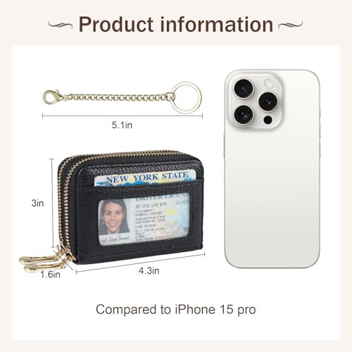 imeetu Rfid Credit Card Holder, Businese Card Case, Wallet for Women Men | Genuine Leather Card Wallet with id Window, Keychain & Double Zipper, Water-resistan Small Wallet with Gift Box, Daily Travel - color: Max - Black