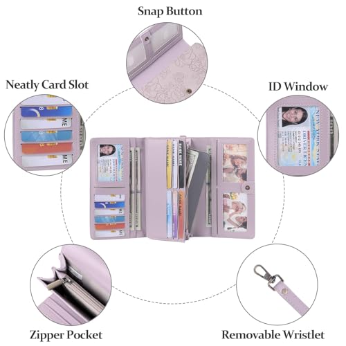 GAEKEAO Wallets for Women Vegan Leather RFID Blocking Card Holder Trifold Ladies Long Purse Wristlet Clutch with 3 ID Windows - color: Purple