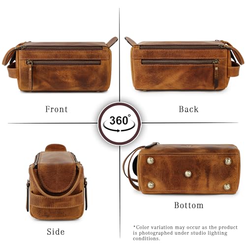 Premium Handmade Genuine Leather Toiletry Bag for Men & Women, Dopp Kit & Shaving Travel Organizer, Cosmetic Wash Bag with Zipper Pocket Travel Pouch, Gift for Him & Her - Tan Brown - color: Tan (Large)