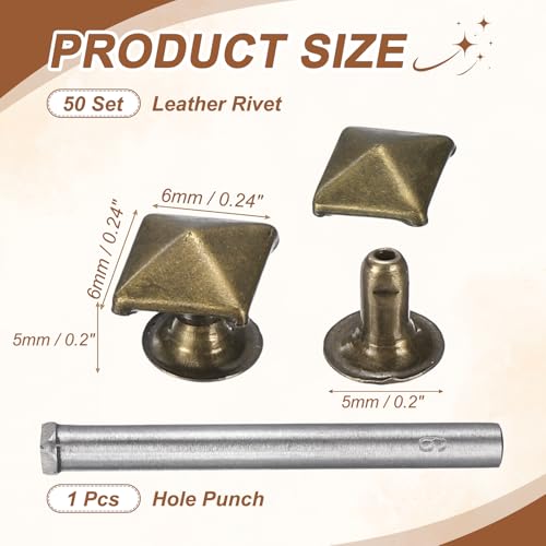HARFINGTON 50pcs Pyramid Rapid Rivet 6mm Leather Rivets Rapid Punk Spikes Leathercraft Decoration with Hole Punch for Rock Nailheads Clothing Belts Bags Shoes, Bronze - color: Bronze, size: 6mm