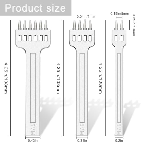 JONMON Prong Punch Tool Set - 5mm Leather Row Round Hole Tooth Punch Tool, 2/4/6 Prong Tooth Circular Cut Lacing Stitching Chisel DIY Leathercraft Punching Accessories Kits for Leather Craft Supplies