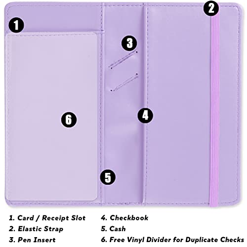 LOLOMLO PU Leather Checkbook Cover for Register Duplicate Checks, RFID Blocking Checkbook Holder with Elastic Strap & PVC Flap for Men and Women, Purple, Simple Style - color: Purple, style: Simple Style