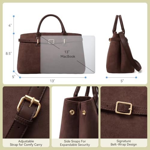 BOSTANTEN Soft Structured Satchel Bag for Women Medium Work Tote Handbag | Commute or everyday, Luxury Pebble Leather or Faux Suede, Professional Style, Removable Strap, Expandable, Giftable Choice - color: Coffee