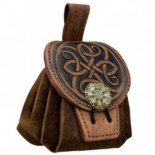 HiiFeuer Medieval Embossed Belt Pouch, Faux Leather Coin Dice Bag | Unisex, Halloween, Ren Faire, LARP,Drawstring Desig, pirate bag, Embossed Pattern,coin pouch,viking cosplay - color: Brown B