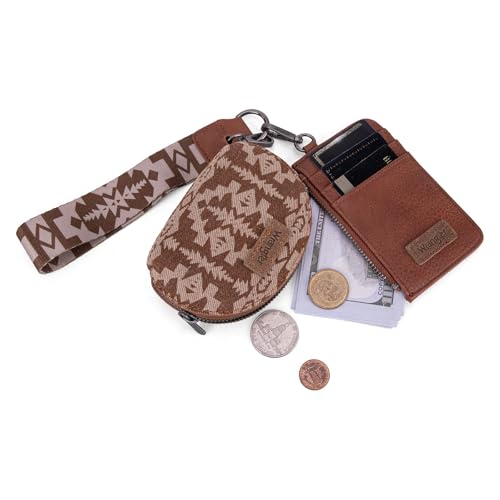 Wrangler Aztec Keychain Wristlet Wallets for Women Western Dual Pouch Wristlet Credit Card Holder Wallet with Zipper Pocket WG2212-W0051BR - color: Retro Brown