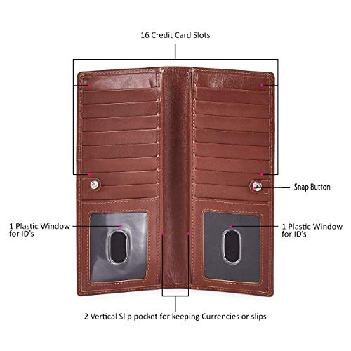 Long Wallet for Men Women Leather Slim Bifold RFID Blocking Card Holder | Real Top Grain Leather, Stylish 18 Credit Card Slots, 2 ID Windows, 2 Currency Sleeves, Gift Box, (Cognac, Fine Grained) - color: Cognac Fine Grained