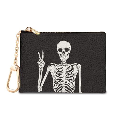 Funny Skull Skeleton Keychain Coin Purse for Women, Change Pouch | Small Zipper Purse, Little Tiny Zip Pocket, PU Leather, Travel Wallet for Girls, Cute Coin Cash Holder, Key Ring, Women Gifts - color: Funny Skull