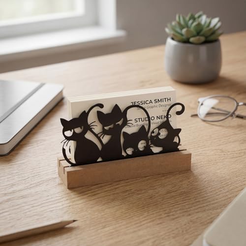 CroBlissful 2 Pcs Cat Business Card Holders for Desk, Wood & Metal Black Funny Business Card Display Cats Silhouette Stand for Home Office - size: Wood, style: Black Cat