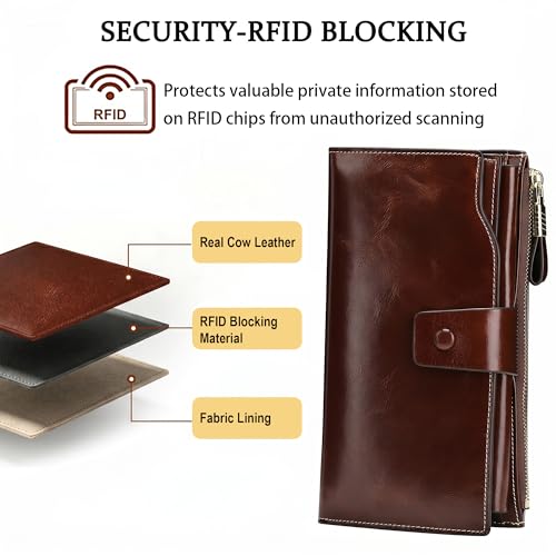 YALUXE Women's RFID Real Leather Wallet with 21 Card Slots Phone Pocket - color: 6- Waxed Coffee, size: Genuine Leather