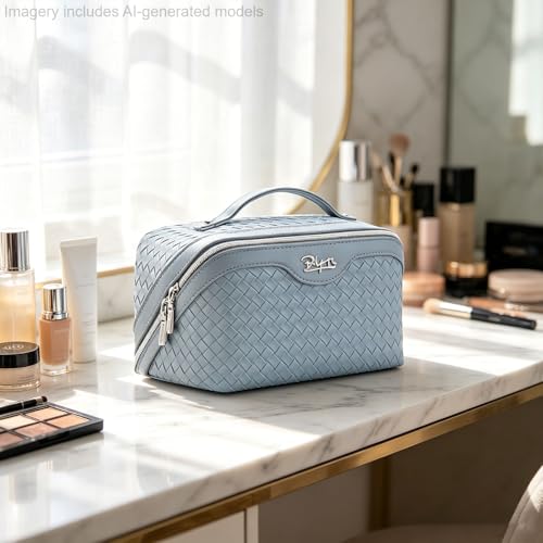 BOYATU Travel Makeup Bag Cosmetic Bags for Women: 3 Pcs Set Make up Bag | Large Capacity Waterproof Vegan Leather Organizer Bags with Compartments - Lay flat Toiletry with Handle (L04 Light Blue) - color: L04 Light Blue