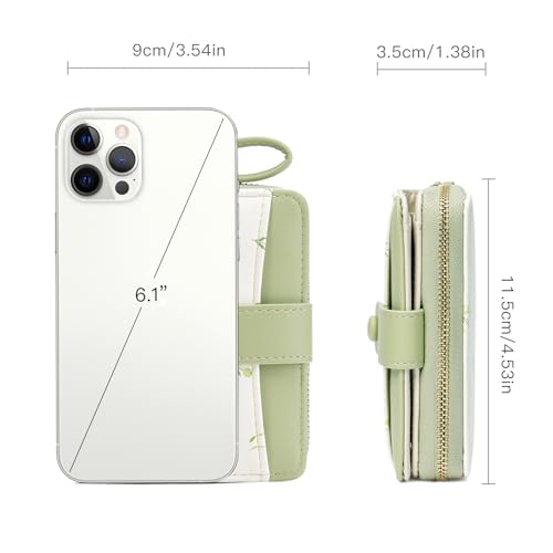 GAEKEAO Small Wallet for Women Vegan Leather Bifold Card Holder RFID Blocking Ladies Purse Floral Pattern with Zipper Pocket - color: Y05-Green