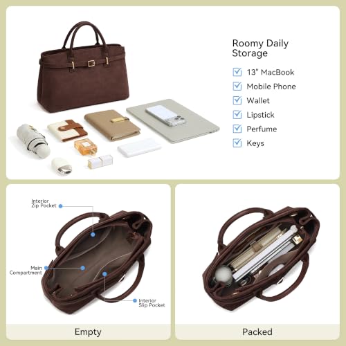 BOSTANTEN Soft Structured Satchel Bag for Women Medium Work Tote Handbag | Commute or everyday, Luxury Pebble Leather or Faux Suede, Professional Style, Removable Strap, Expandable, Giftable Choice - color: Coffee