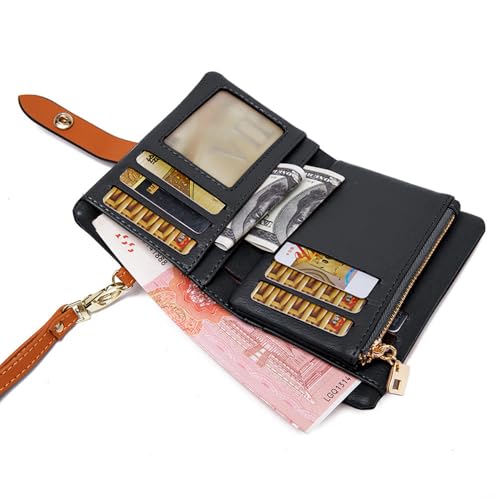 TPKUENL Wallets for Women Small Bifold Rfid Leather Zipper Coin Pocket Wrist Strap(Black) - color: Black