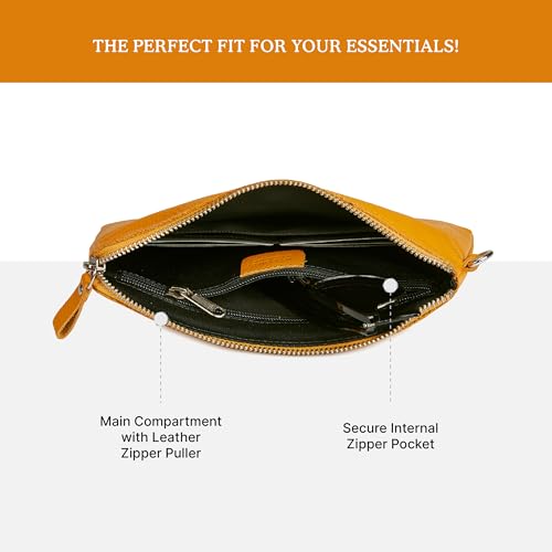 Leather Wristlet Wallet for Women Clutch Handbag Purse with Cell Phone Slot | Genuine Top Grain Leather, 8 Credit Card Slots, Detachable Strap, YKK Zipper, Gifts for Women - color: Mustard Nappa