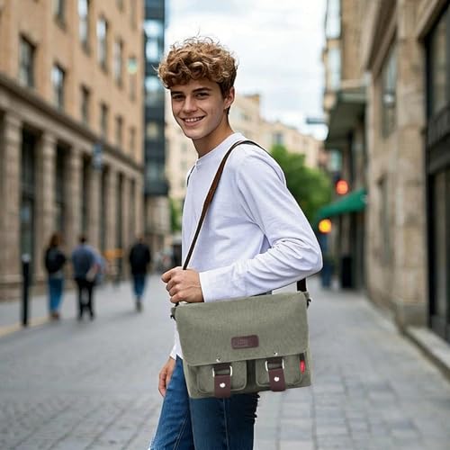 Messenger Bag for men Laptop Bag UnisexRetro Canvas Bag14-15.6 inches Casual single shoulder bag For Work College Travel - color: S-army Green