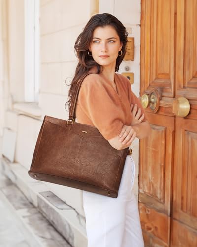 LOVEVOOK Laptop Tote Bag for Women,Leather Work Computer Briefcase Bag - color: Retro Brown, size: 17.3 inch