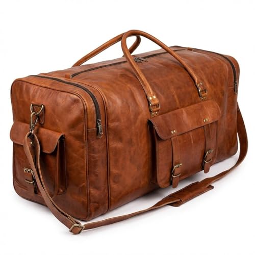 Leather Duffle Bag for Men Luggage Handmade Travel Bag Carry On Luggage Weekender Bags Overnight Gym Sports Cabin Holdall Bag For Airplanes Men And Women (21 Inch Brown) - size: 21 inch