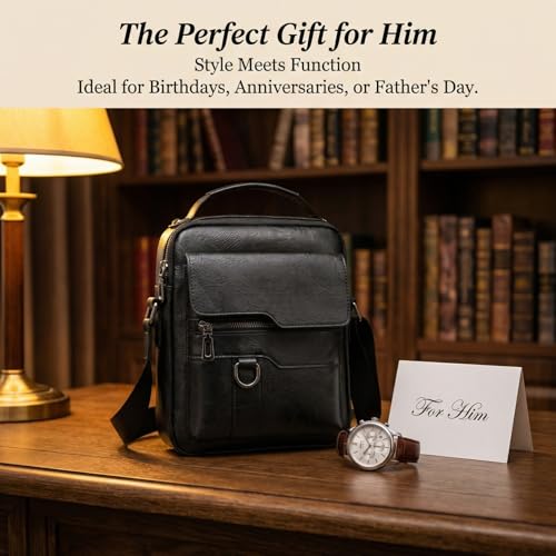 Crossbody Bag for Men, PU Leather Shoulder Messenger Bag with Handle - color: Black