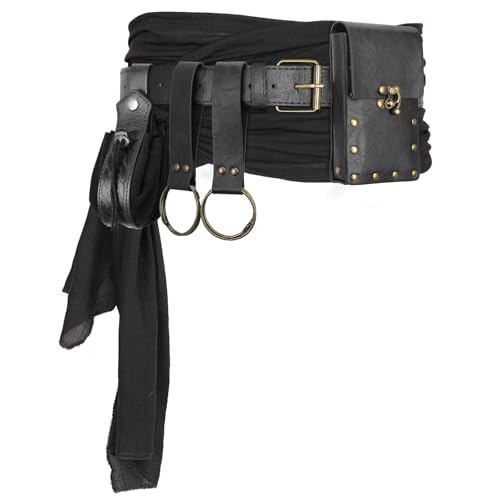Renaissance Belt Pouch Medieval Pirate Costume Accessories Set for Cosplay | Viking Faux Leather Waist Bag, Skirt Hike Clips, Perfect for Women and Men Ren Faire, LARP, Fantasy, Halloween - color: Black-N