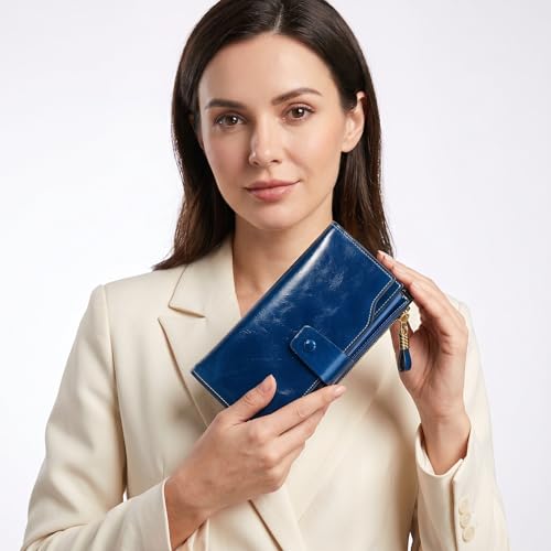 YALUXE Women's RFID Real Leather Wallet with 21 Card Slots Phone Pocket - color: 4- Waxed Blue, size: Genuine Leather