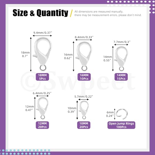 Swpeet 170Pcs Silver 10mm 12mm 14mm 16mm 18mm Open Jump Rings and 6mm Lobster Clasps Assortment Kit, Perfect Jewelry Findings Kit Fits for DIY Making Bookmark Pinch Bracelet Choker Necklace - color: Silver
