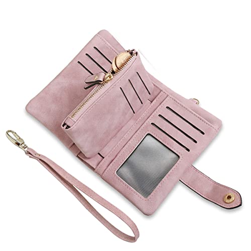 AOXONEL Women's Small Bifold Leather wallet Rfid blocking Ladies Wristlet with Card holder id window Coin Purse - color: Pink